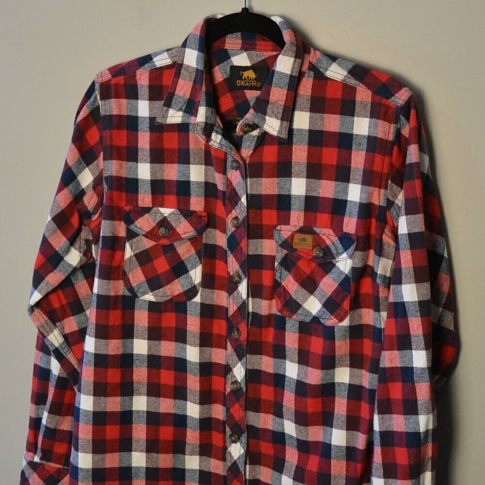 OXGEAR Flannel Button Up Red and Navy Blue Plaid Thick Size XL